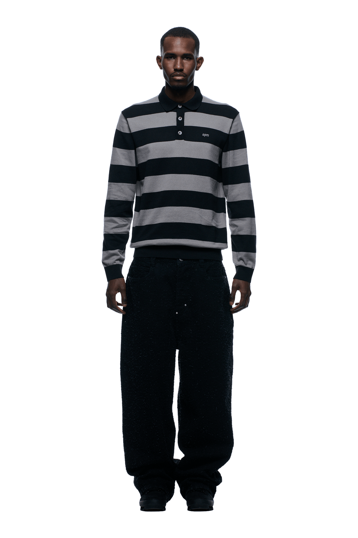 LS STRIPED POLO BLACK