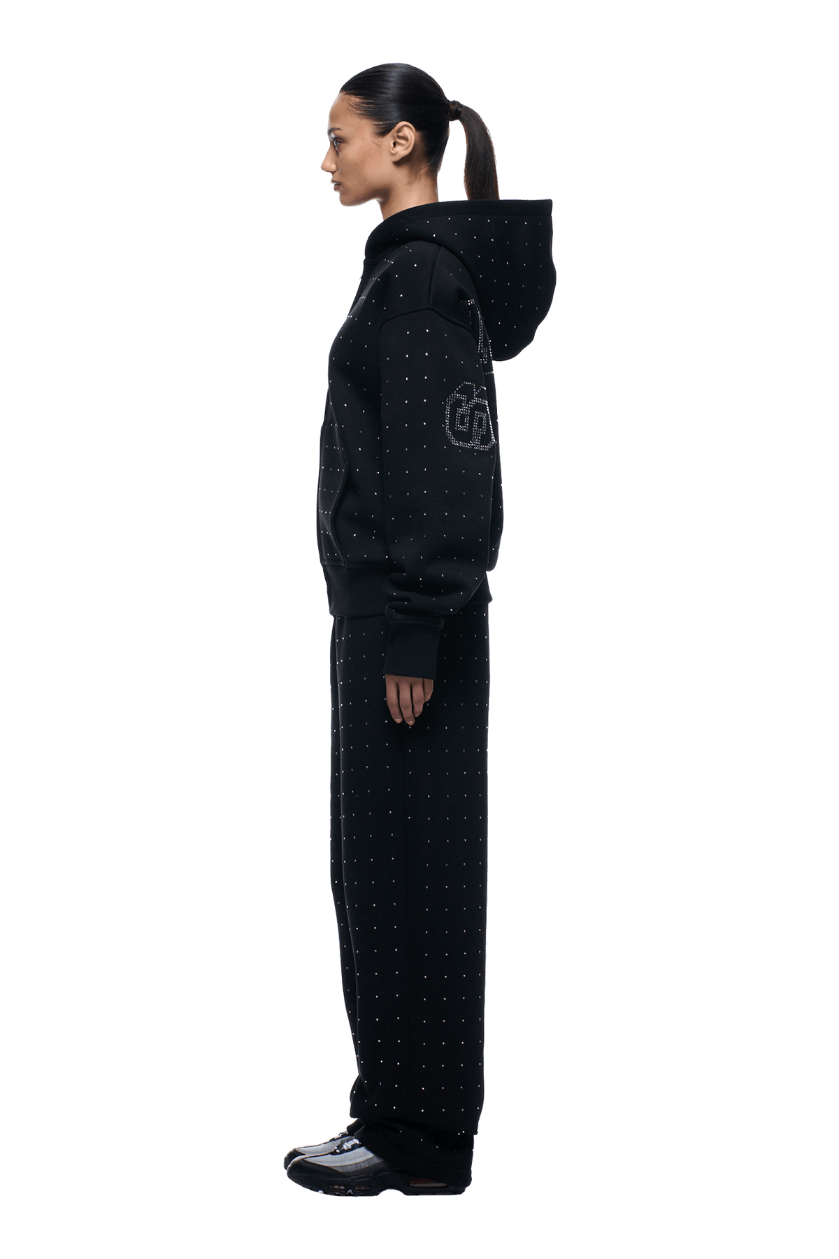 RHINESTONE LETTER ZIP HOODIE BLACK