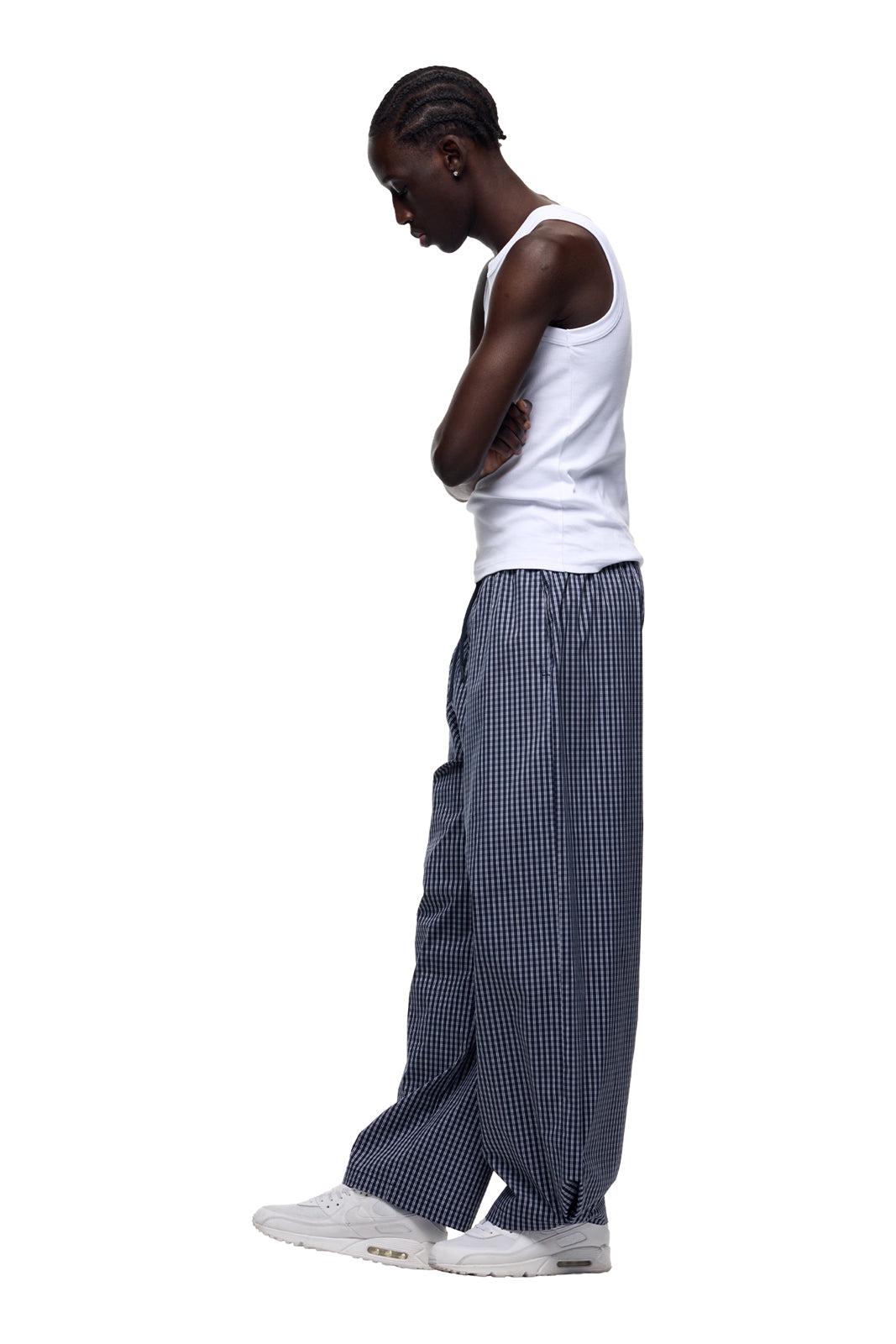 WIDE WOVEN CHECK PANTS DARK NAVY
