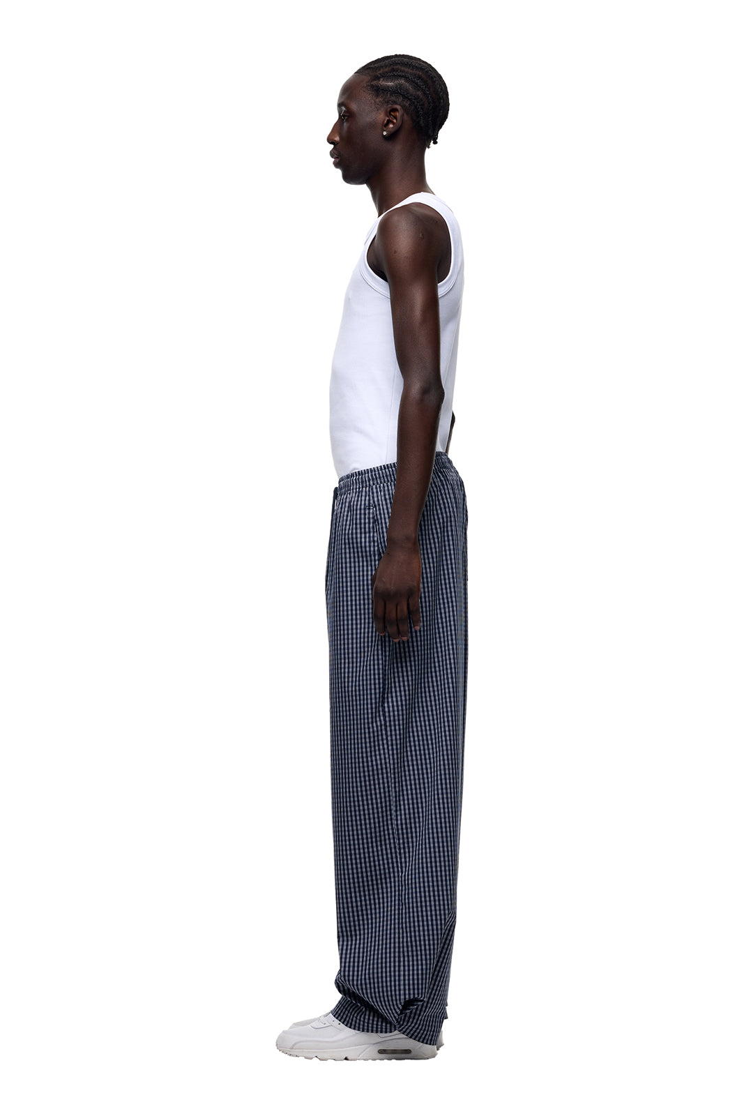 WIDE WOVEN CHECK PANTS DARK NAVY