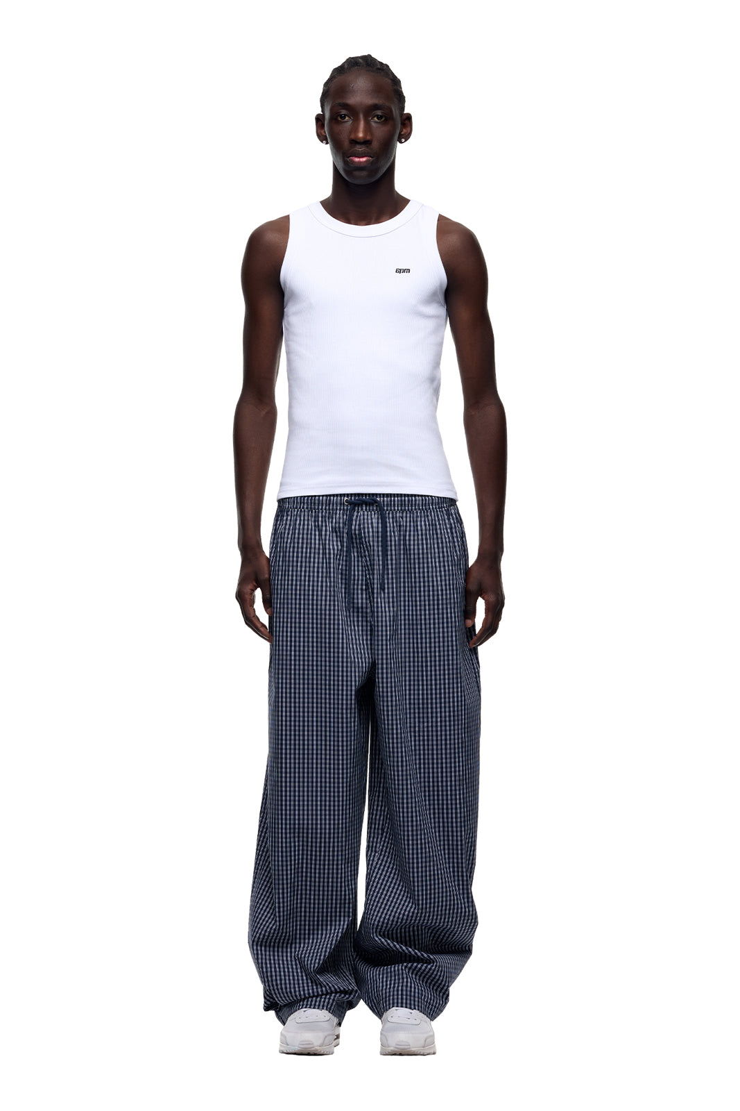 WIDE WOVEN CHECK PANTS DARK NAVY