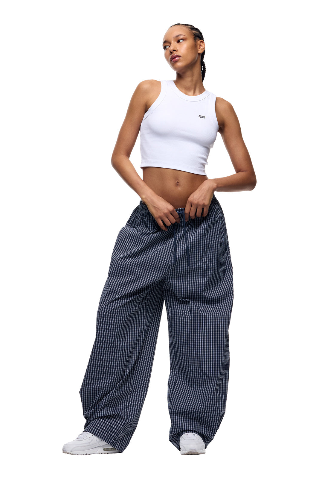 WIDE WOVEN CHECK PANTS DARK NAVY