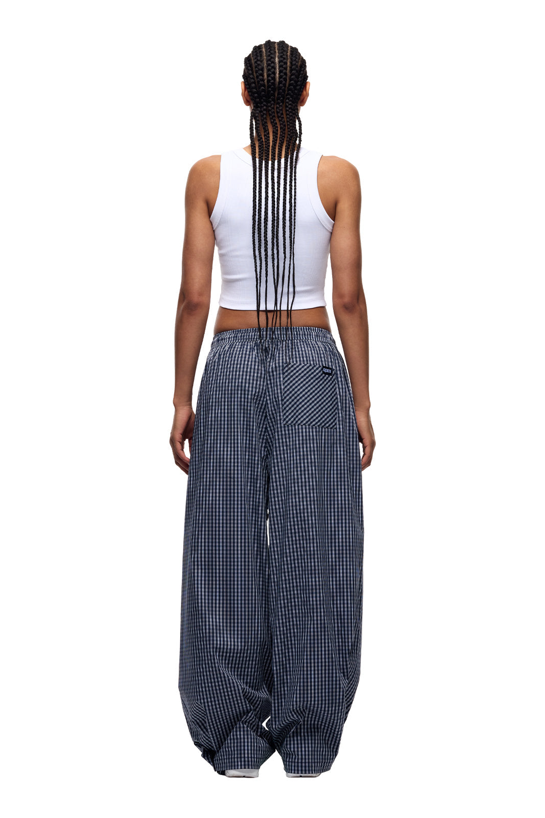 WIDE WOVEN CHECK PANTS DARK NAVY