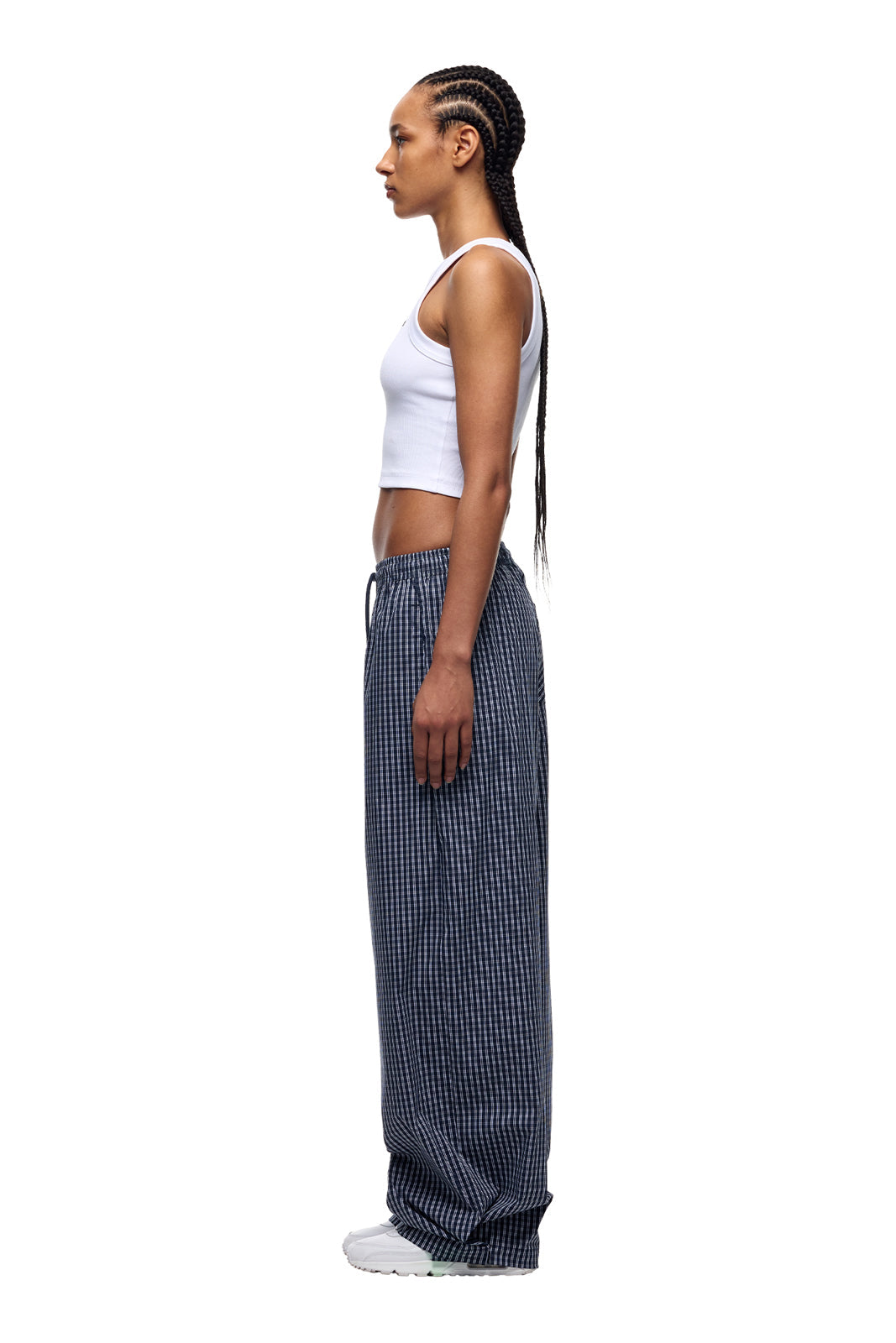 WIDE WOVEN CHECK PANTS DARK NAVY