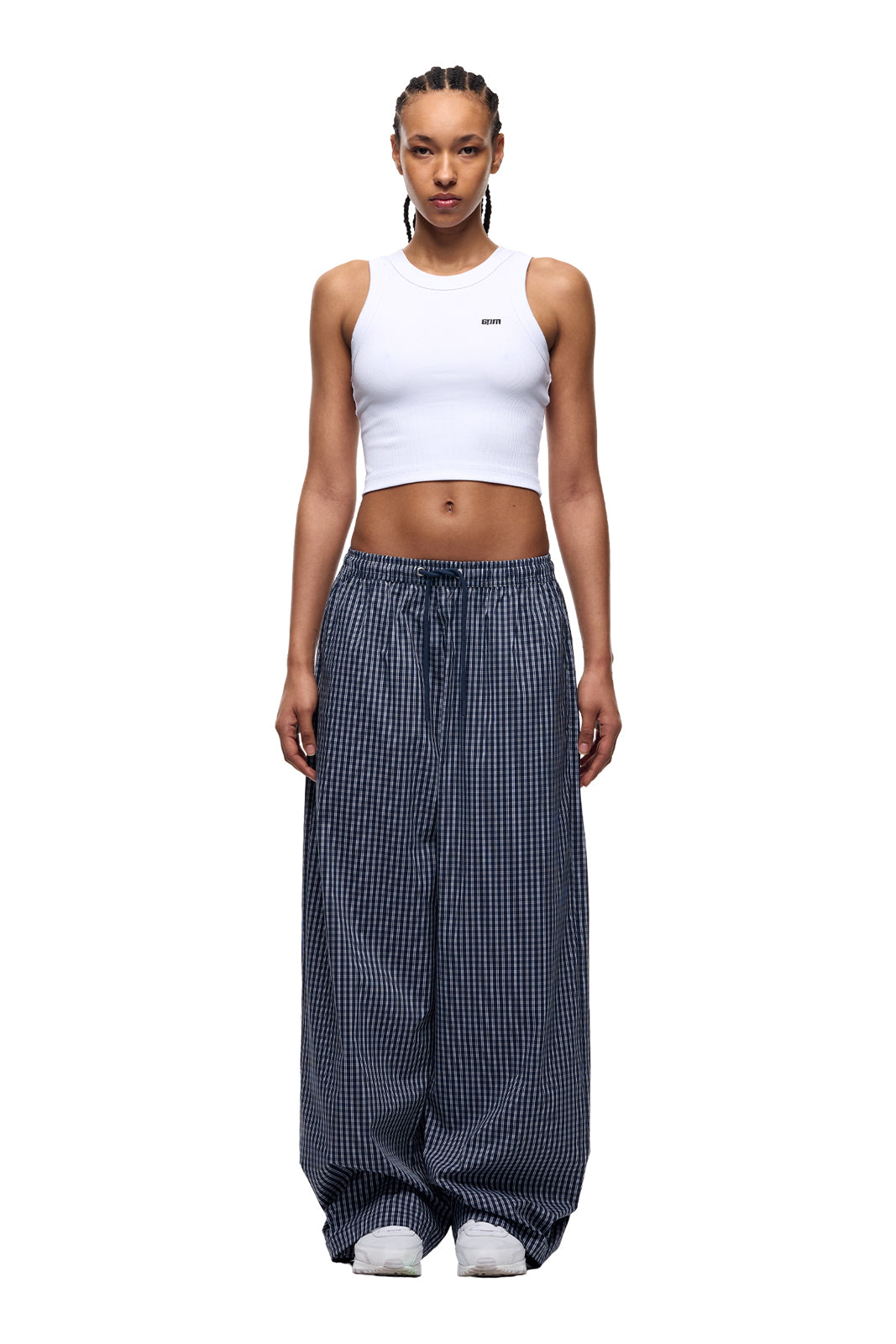 WIDE WOVEN CHECK PANTS DARK NAVY