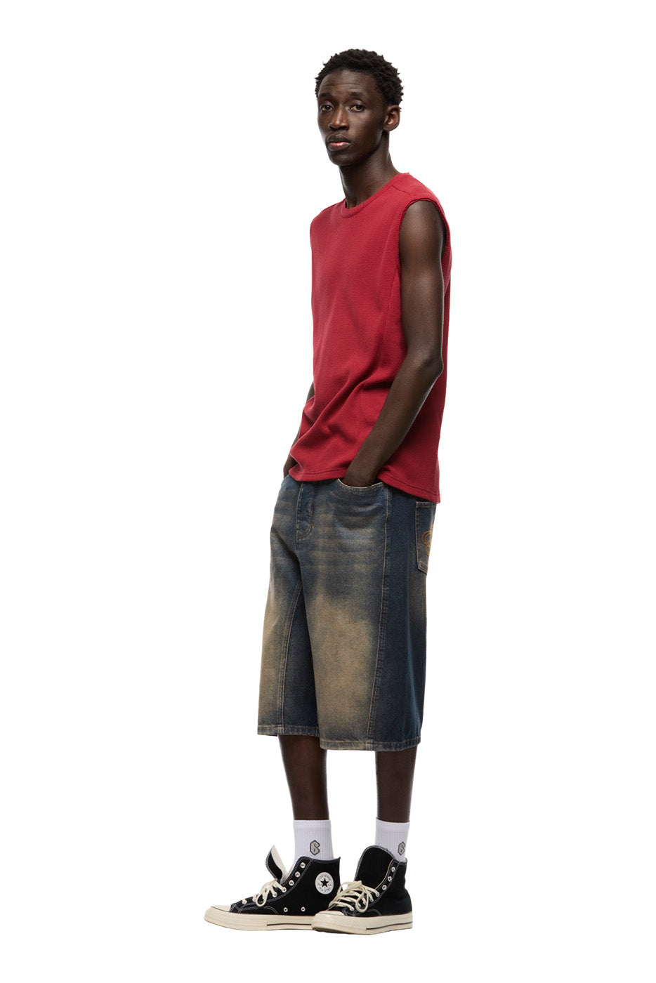 SLEEVELESS WAFFLE TEE ROUGE RED