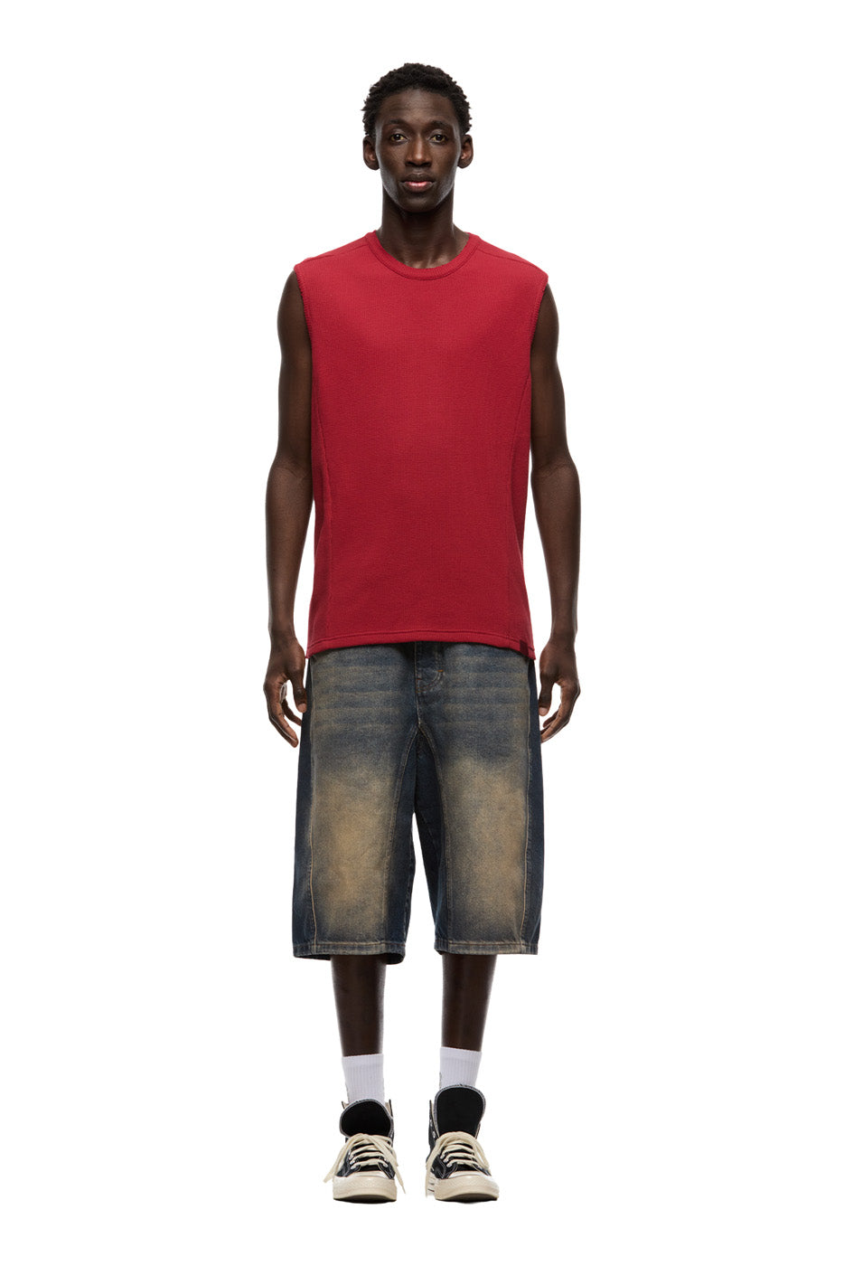 SLEEVELESS WAFFLE TEE ROUGE RED