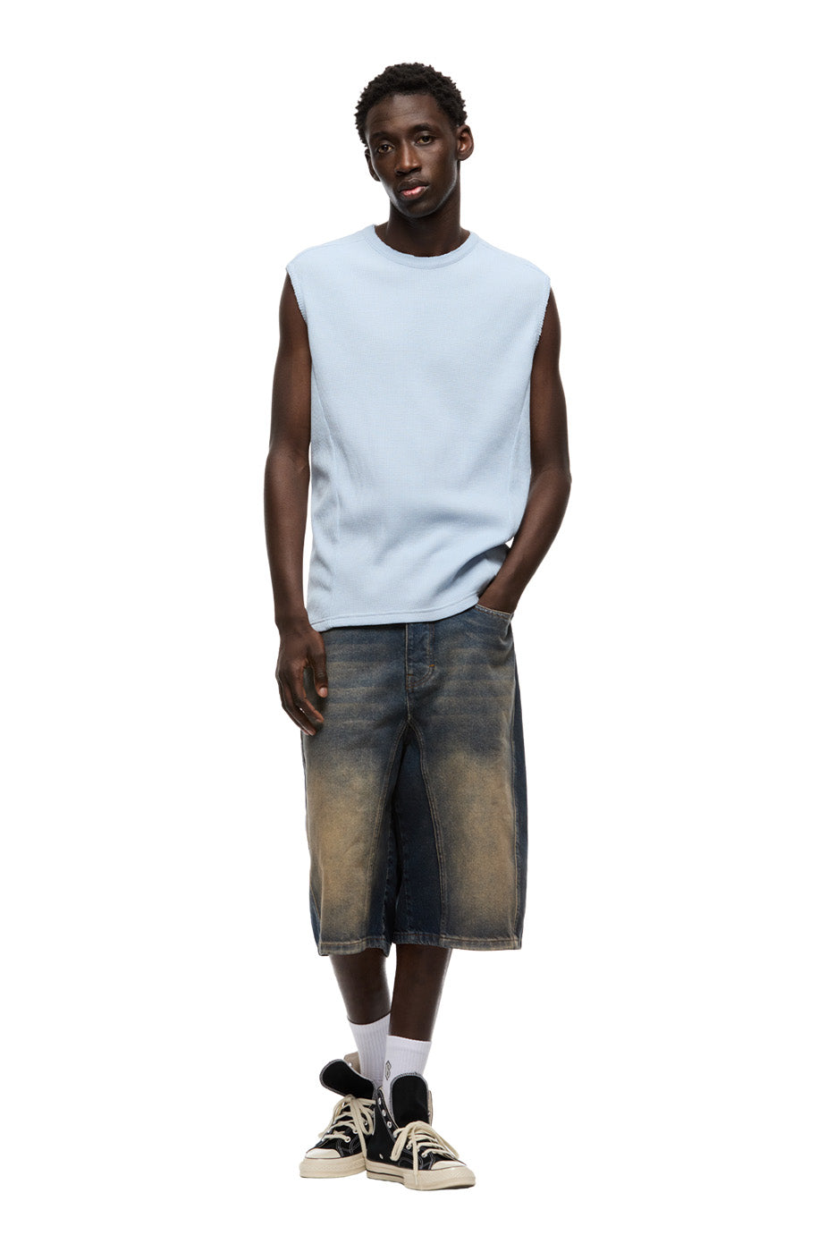 SLEEVELESS WAFFLE TEE SERENITY BLUE