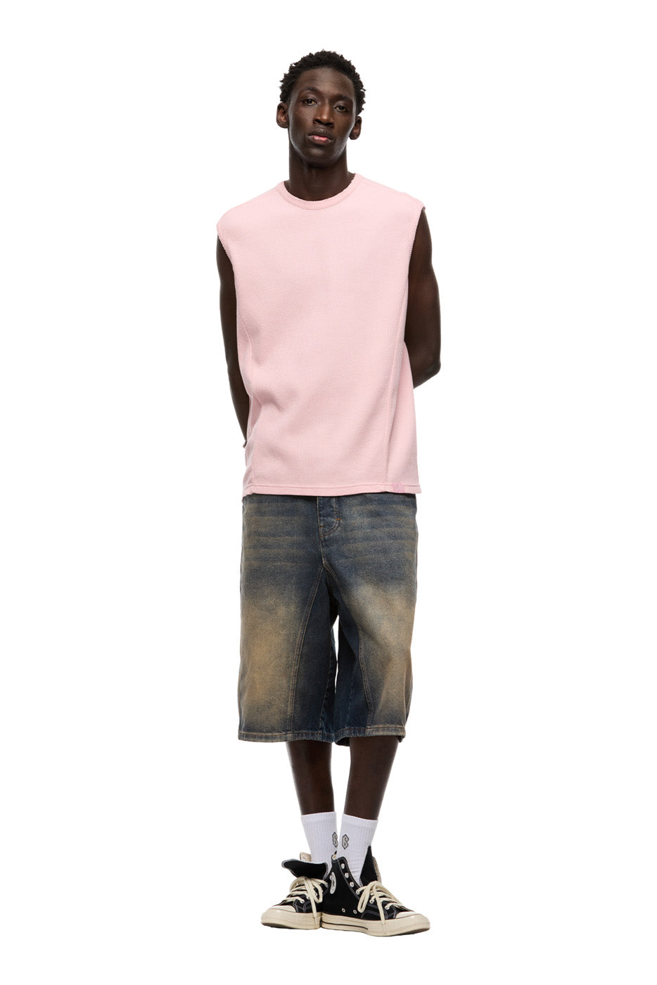 SLEEVELESS WAFFLE TEE STRAWBERRY MILK