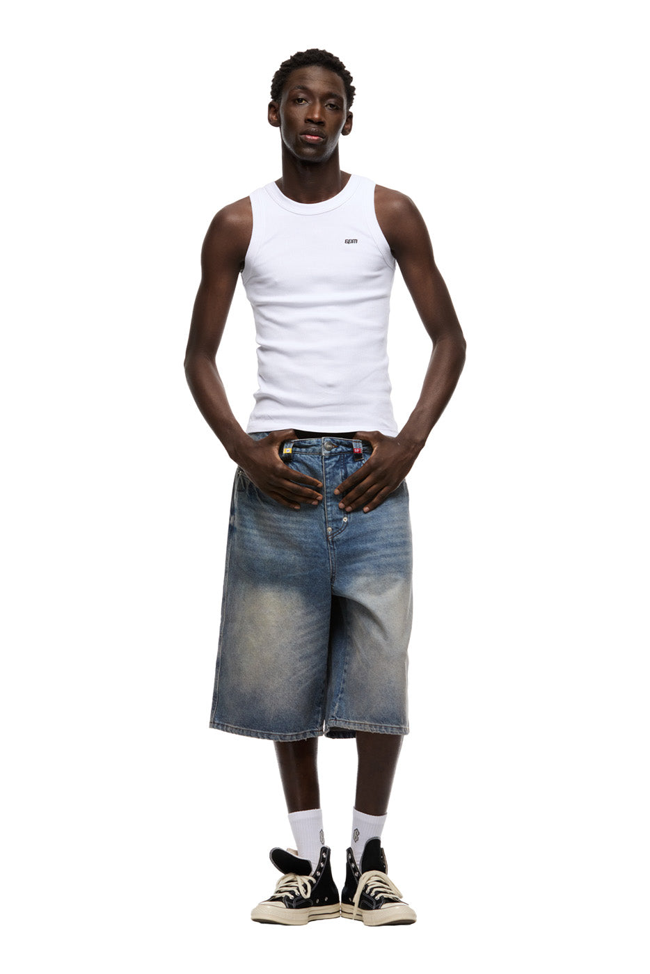 MULTI LABEL DENIM SHORTS MEDIUM BLUE