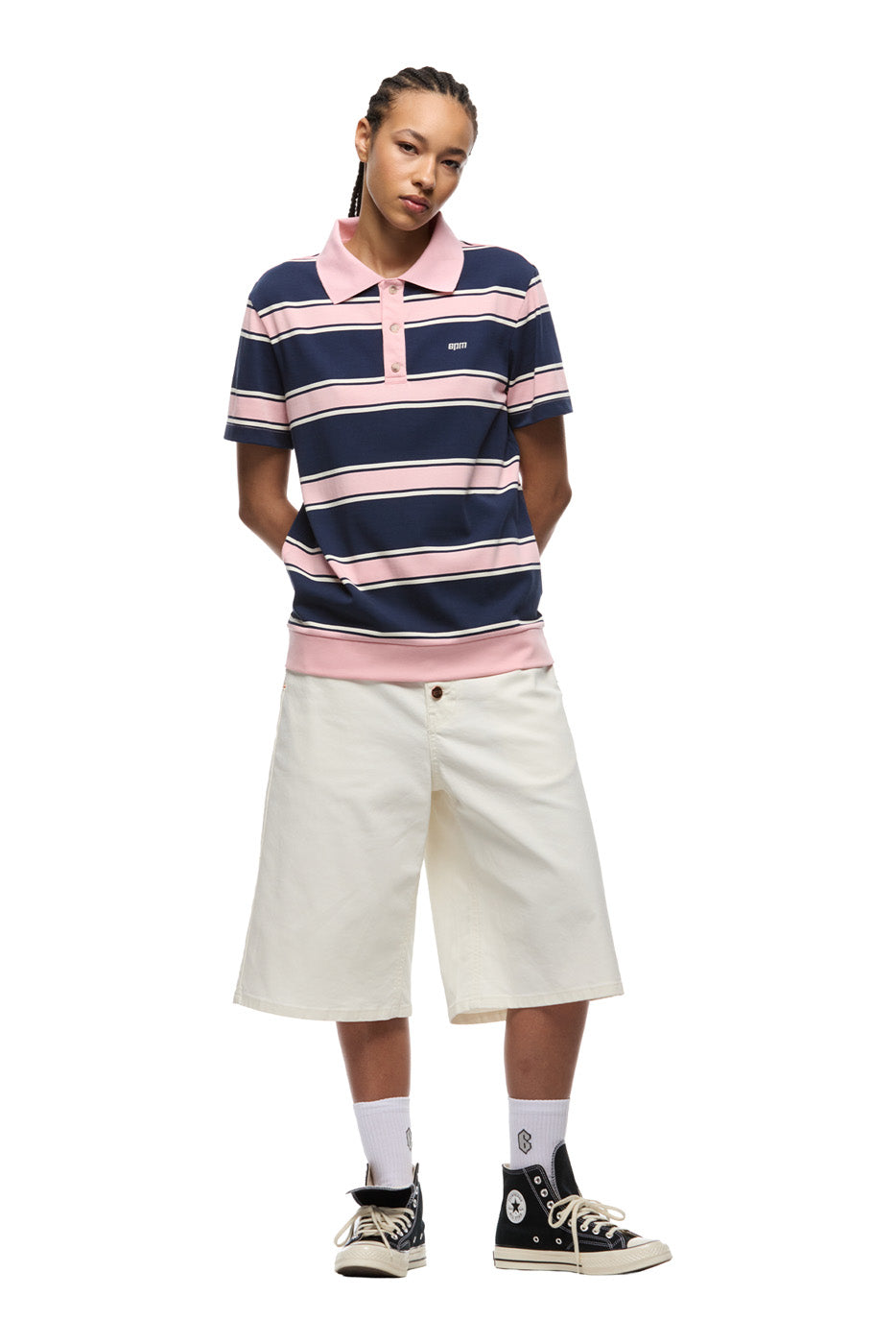 STRIPED JERSEY POLO INK NAVY / STRAWBERRY MILK