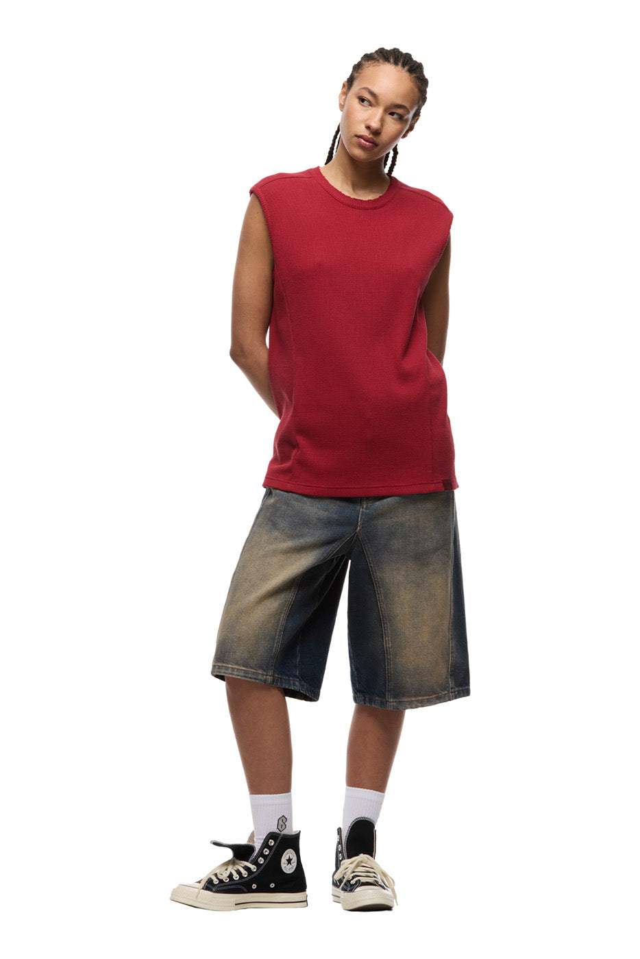SLEEVELESS WAFFLE TEE ROUGE RED