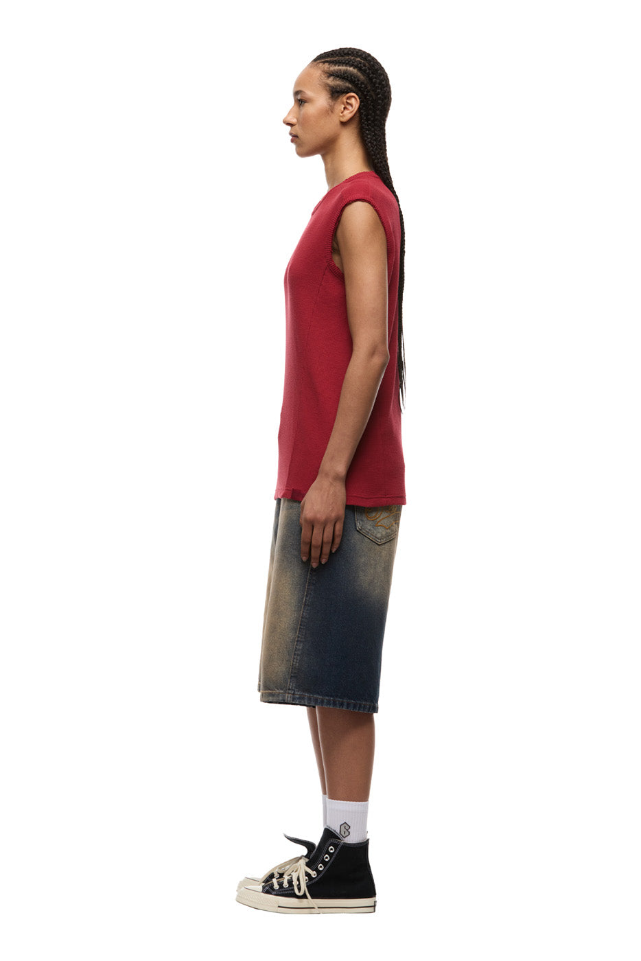 SLEEVELESS WAFFLE TEE ROUGE RED