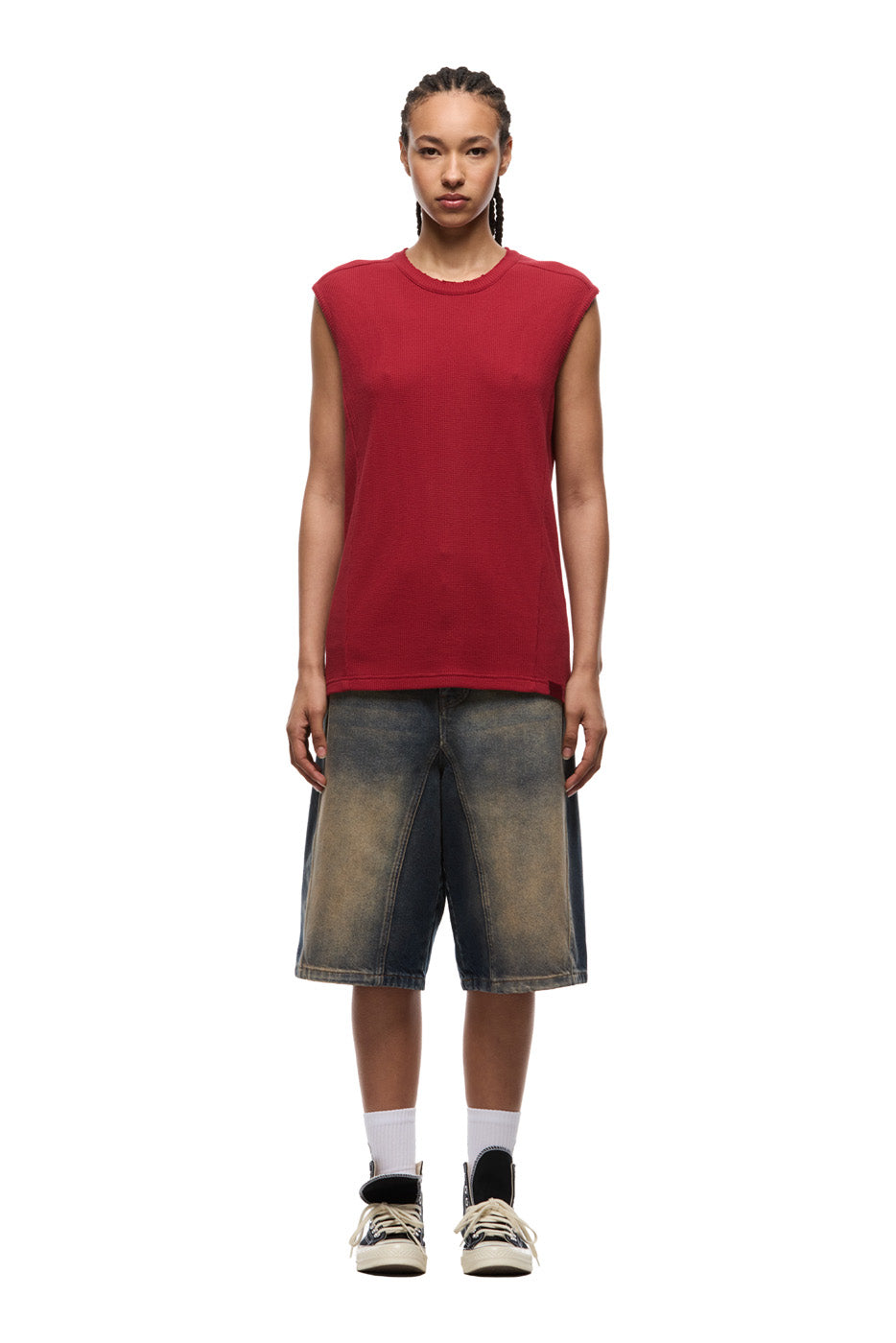 SLEEVELESS WAFFLE TEE ROUGE RED
