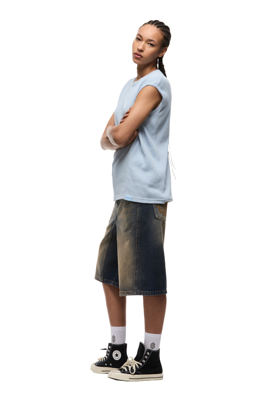 SLEEVELESS WAFFLE TEE SERENITY BLUE