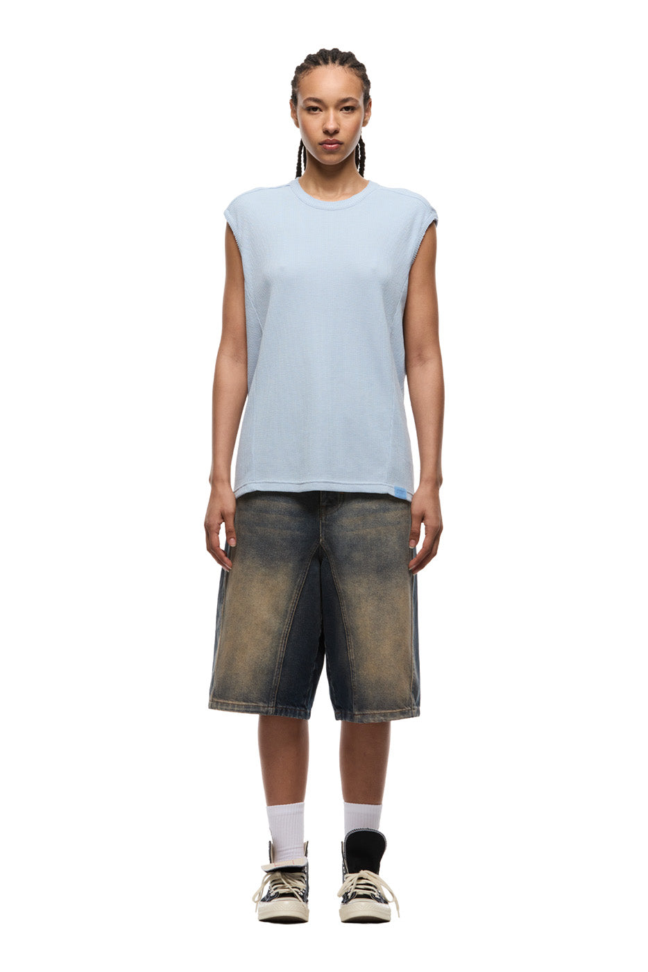 SLEEVELESS WAFFLE TEE SERENITY BLUE
