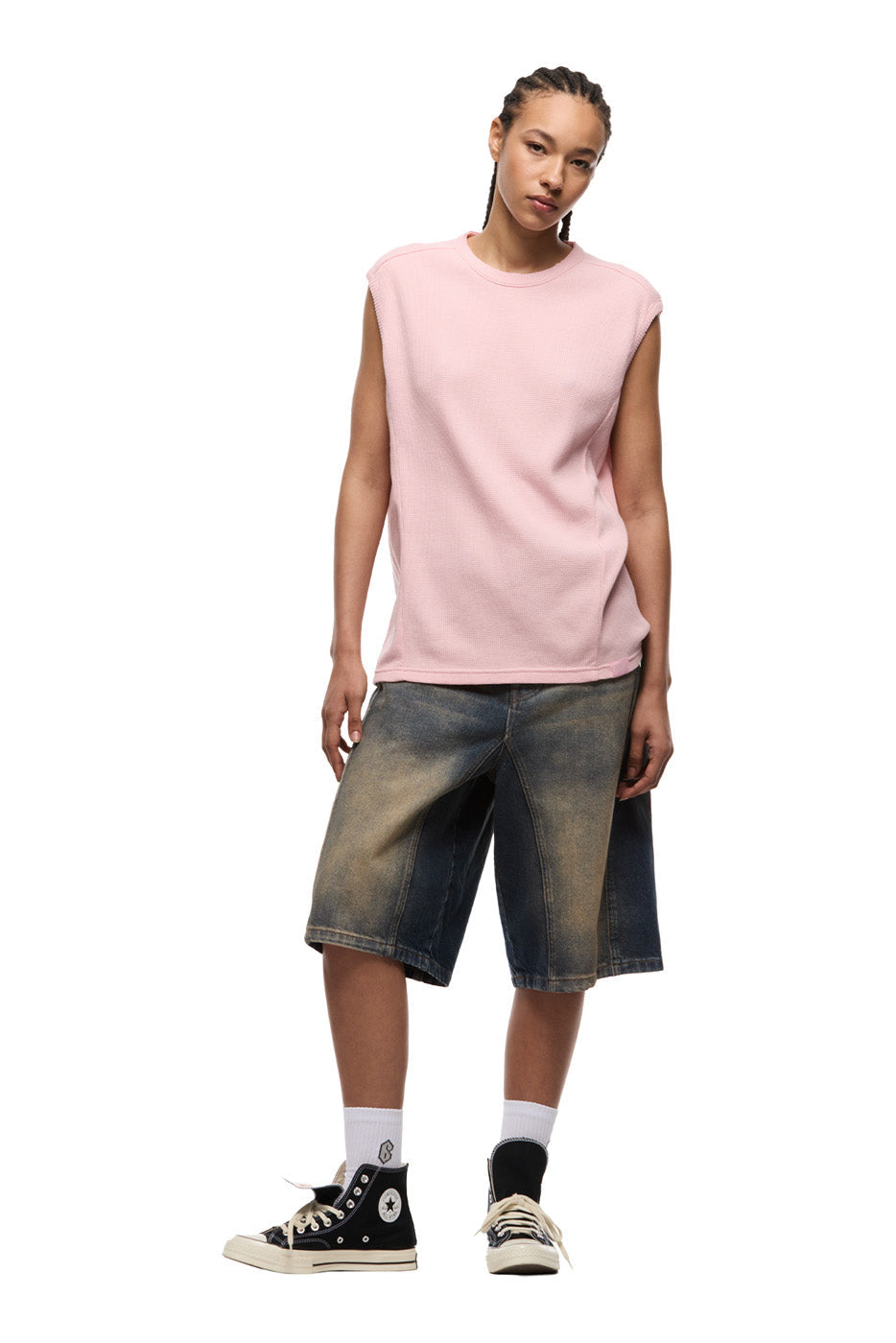 SLEEVELESS WAFFLE TEE STRAWBERRY MILK