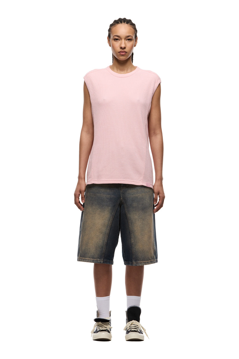 SLEEVELESS WAFFLE TEE STRAWBERRY MILK