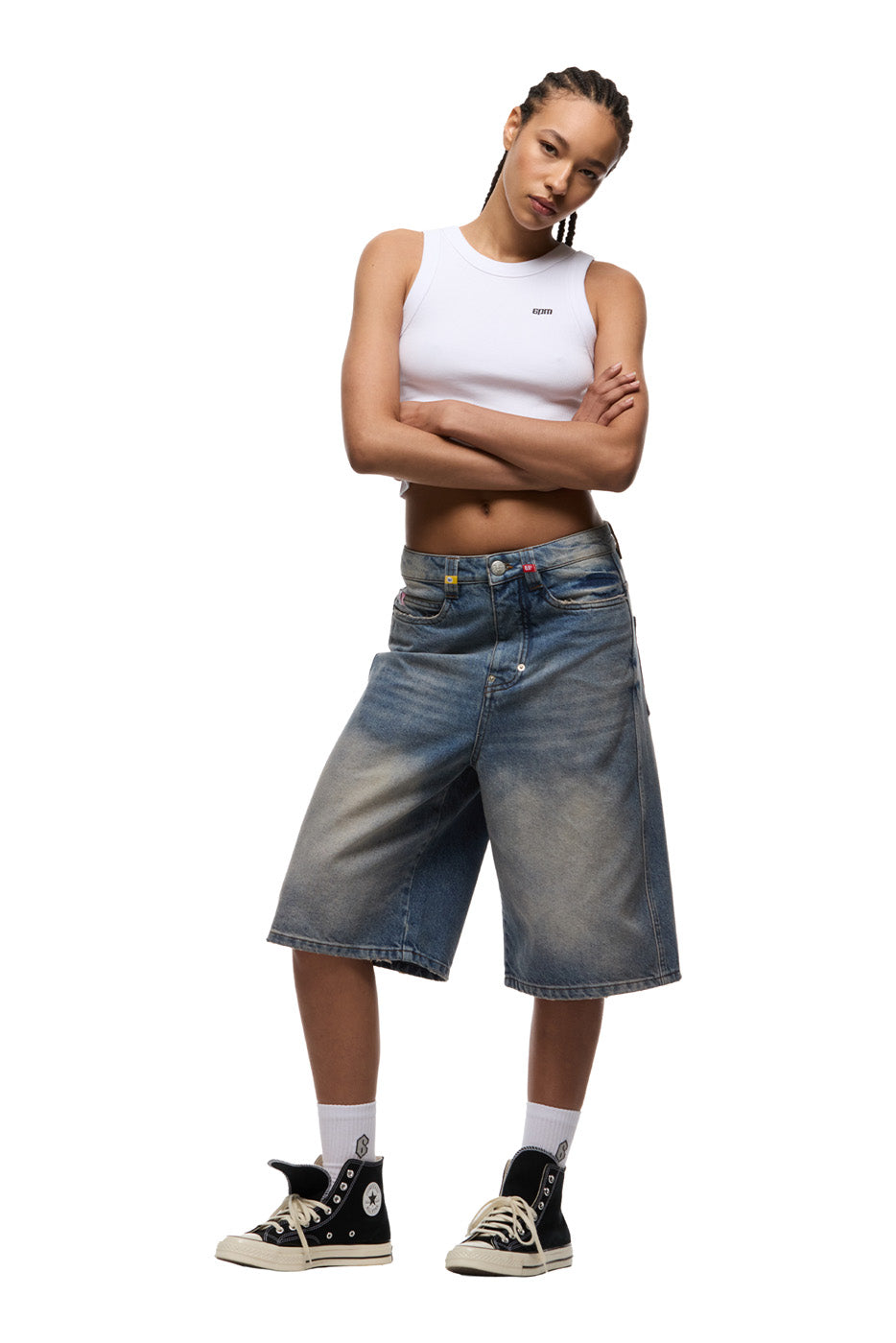 MULTI LABEL DENIM SHORTS MEDIUM BLUE