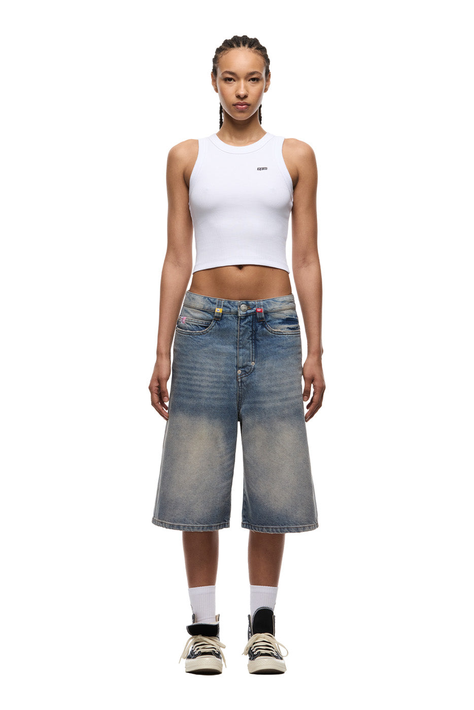 MULTI LABEL DENIM SHORTS MEDIUM BLUE